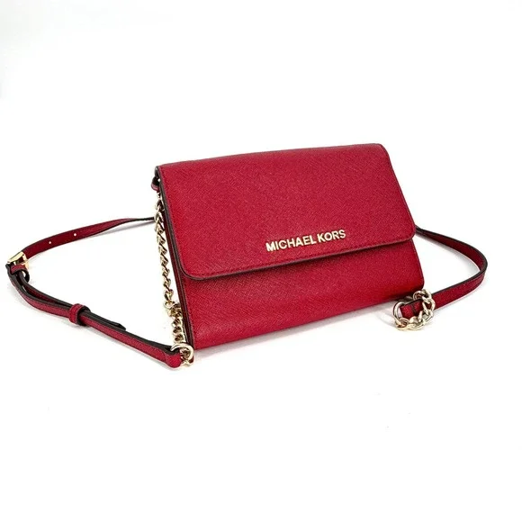 Michael Kors Jet Set Travel Saffiano Leather Crossbody Red - Gold Chain Strap EC - Picture 15 of 15